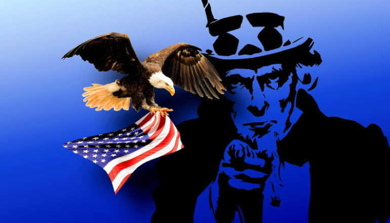 Uncle Sam and bald eagle carrying an American flag