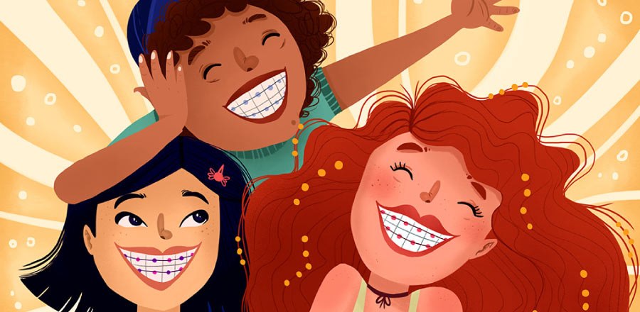 Three multicultural smiling cartoon girls with braces