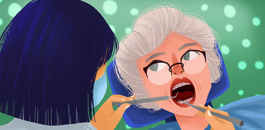 Cartoon image of a grey haired woman in a dental chair and a dark haired female dentist examining her teeth